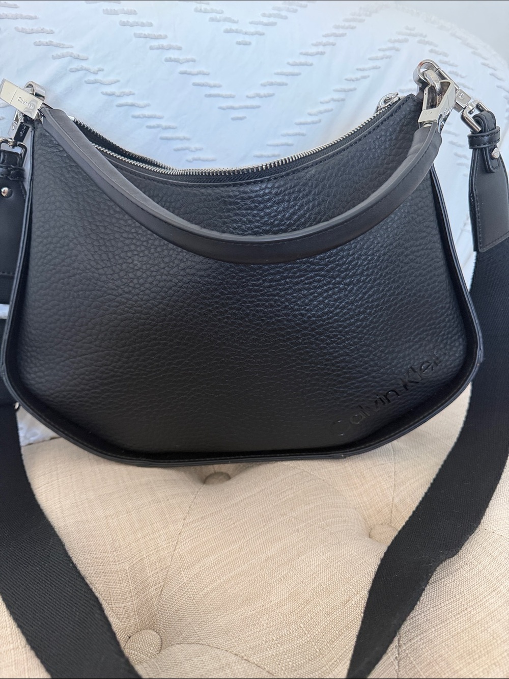 Calvin Klein Black Pebbled Leather Shoulder Bag with Adjustable Strap